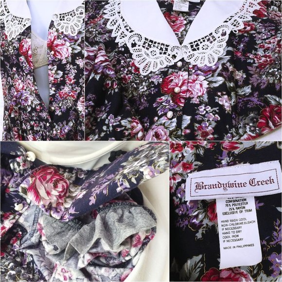 80's Brandywine Creek Dark Floral Prairie Dress Granny Lace Collar 9/10 Puffy SS - Picture 7 of 12